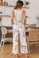 White Striped Floral Pocket Sleeveless Jumpsuit - SELFTRITSS