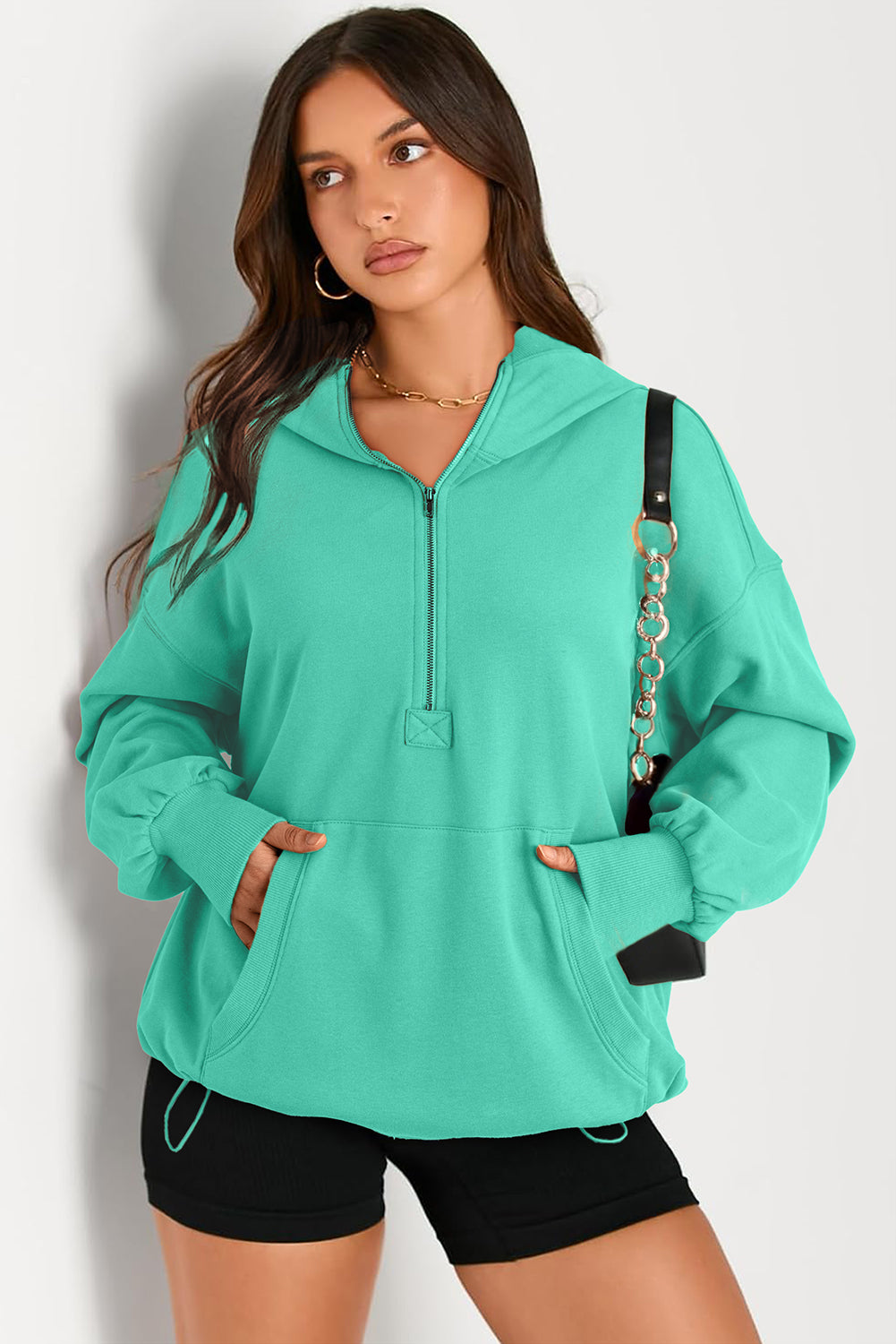 Pocketed Half Zip Long Sleeve Hoodie - SELFTRITSS   