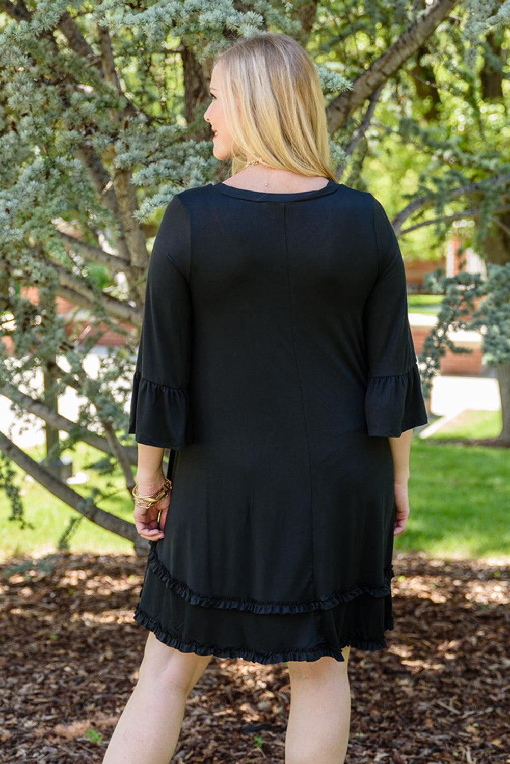 Black Plus Size Ruffled Trim 3/4 Sleeve Dress - SELFTRITSS