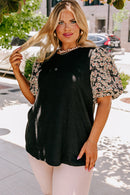Black Daisy Printed Short Bubble Sleeve Plus Size Tunic Top - SELFTRITSS