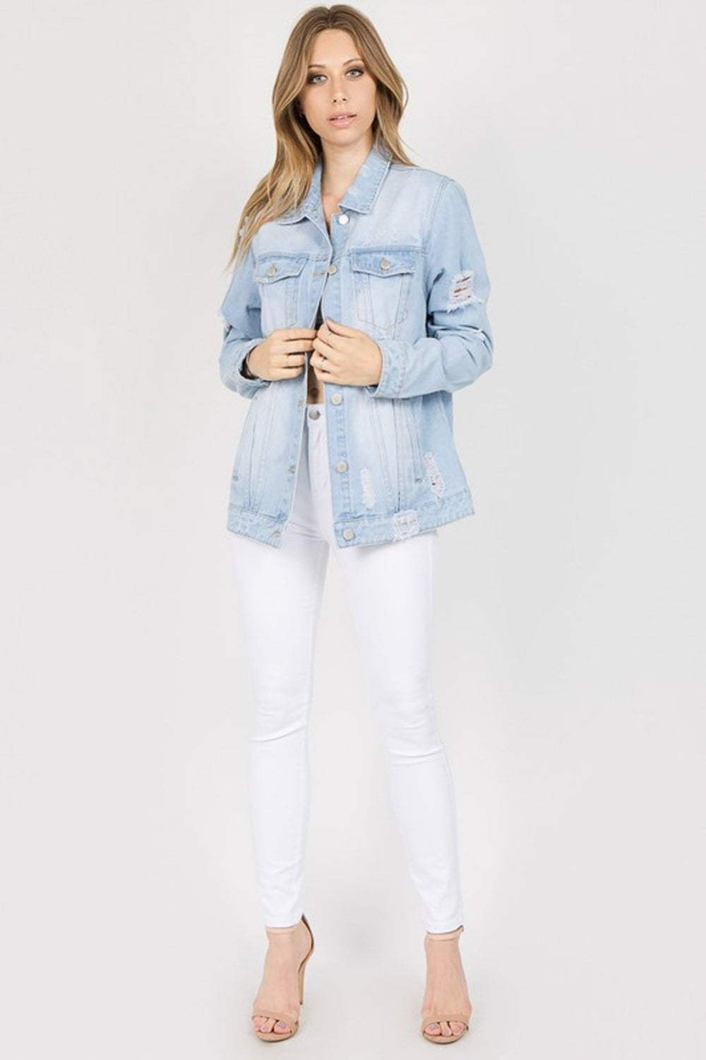 American Bazi Letter Patched Distressed Denim Jacket - SELFTRITSS