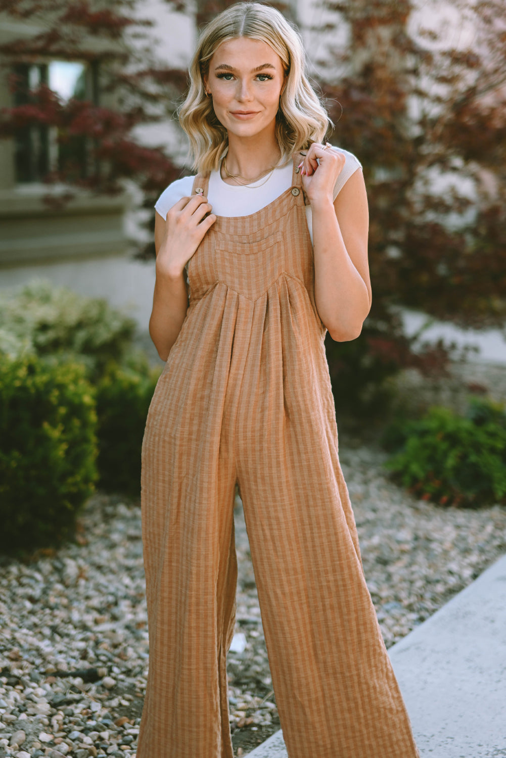 Brown Striped Pleated Wide Leg Pocketed Jumpsuit - SELFTRITSS   