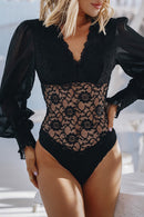 Black Bubble Sleeve Scalloped Lace Bodysuit - SELFTRITSS