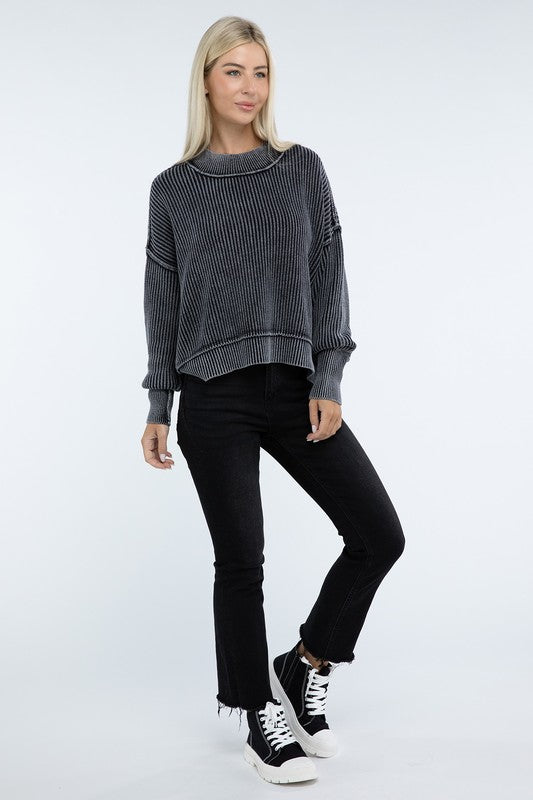 Sage Washed Side Slit Oversized Cropped Sweater