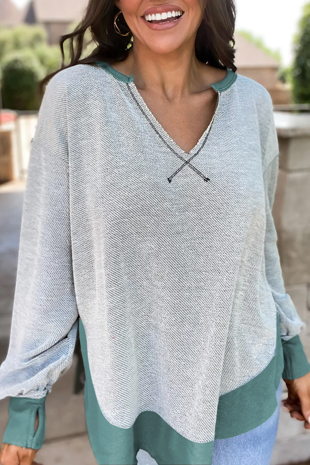 Laurel Green Exposed Seam Contrast Edge Notched Neck Sweatshirt - SELFTRITSS