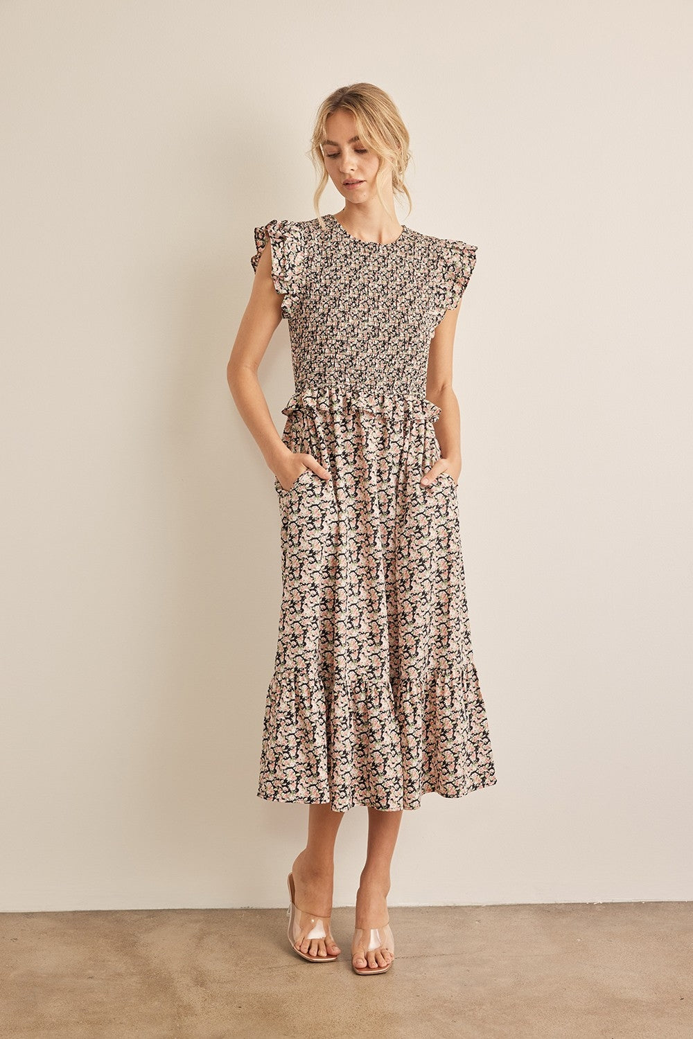 In February Floral Smocked Ruffled Midi Dress - SELFTRITSS   