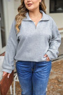 Light Grey Quarter Zipper Collared Ribbed Knit Plus Size Top - SELFTRITSS   