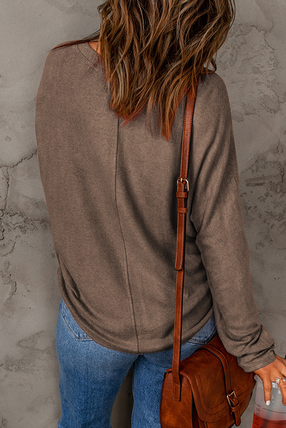 Brown Fiery Solid Color Patchwork Long Sleeve Top - SELFTRITSS