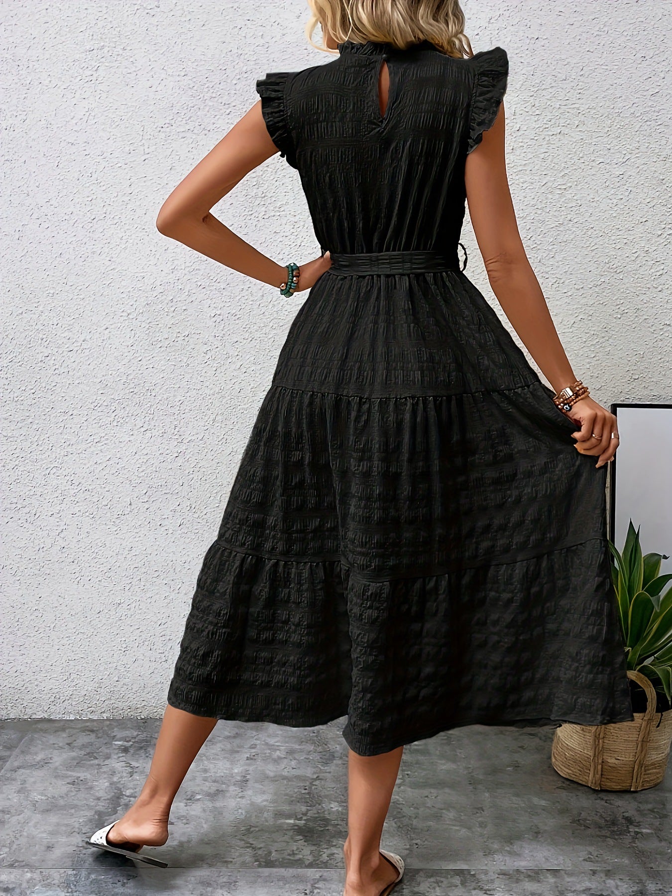 Tied Ruffled Cap Sleeve Midi Dress - SELFTRITSS   