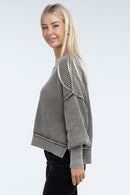 Sage Washed Side Slit Oversized Cropped Sweater