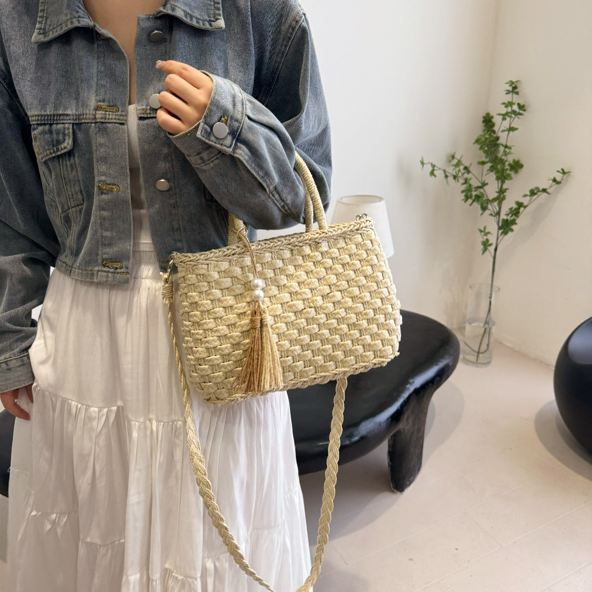 Braided Strap Paper Weave Shoulder Bag - SELFTRITSS   