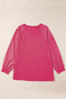 Strawberry Pink Plus Size Contrast Lace Sleeve Waffle Knit Top - SELFTRITSS