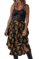 Black Printed Elastic Waist Button Decor Floral Ruffle Skirt - SELFTRITSS