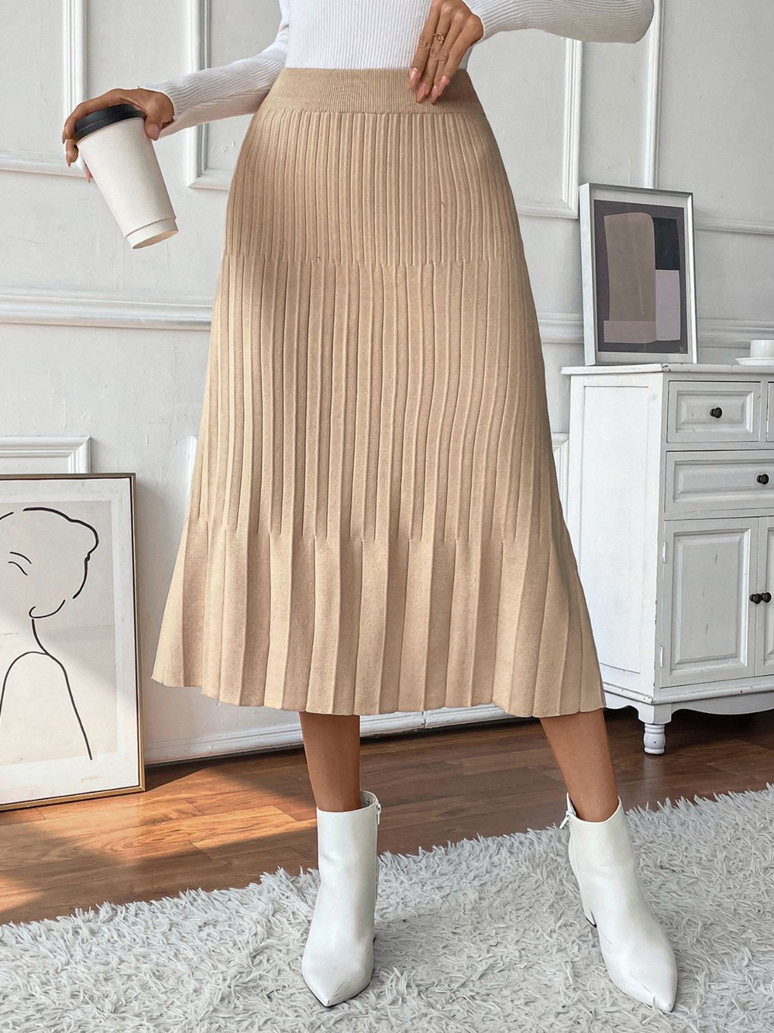 Tan Pleated Midi  Skirt