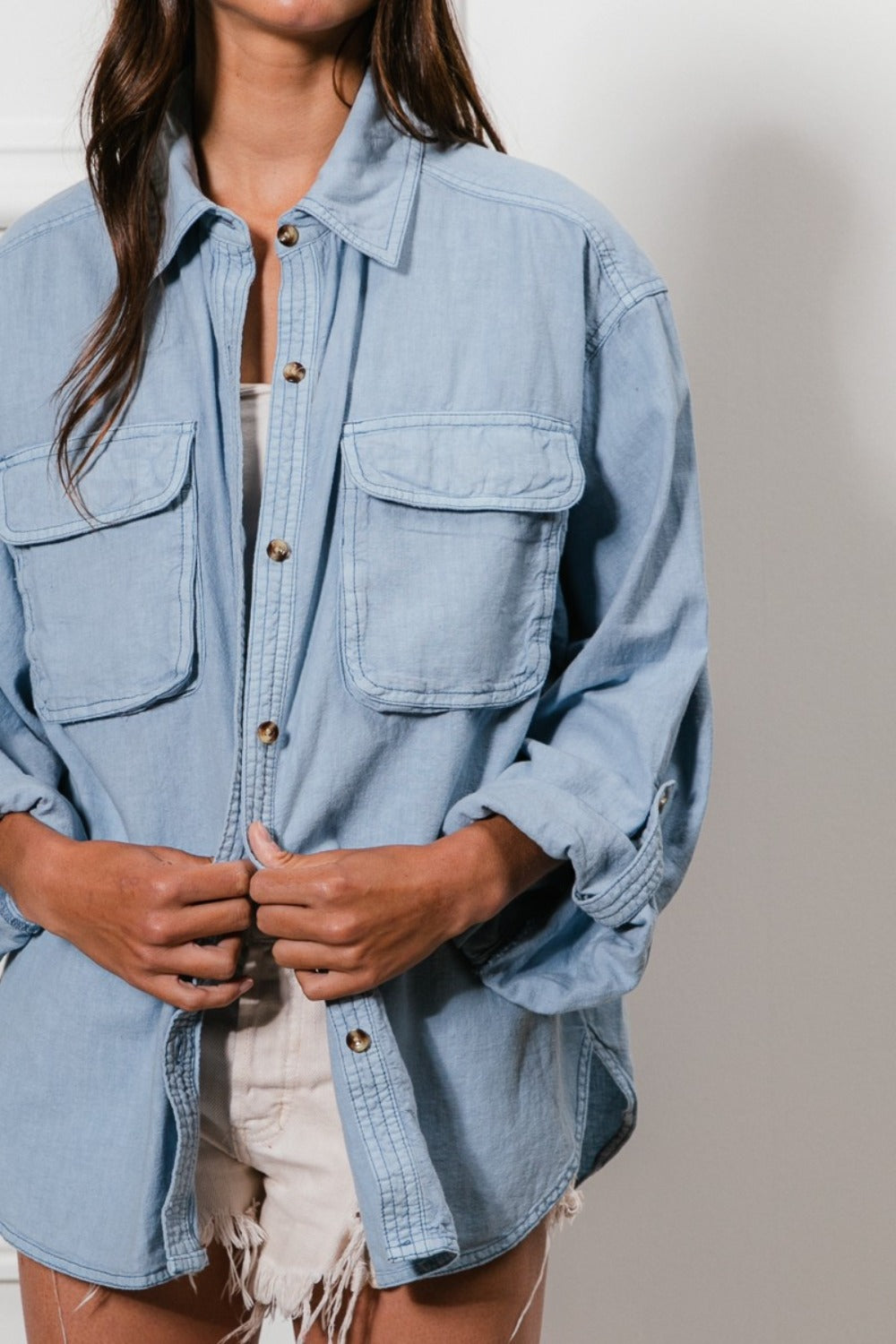 Blue Button Down Stitch Detail Shirt with Chest Pockets