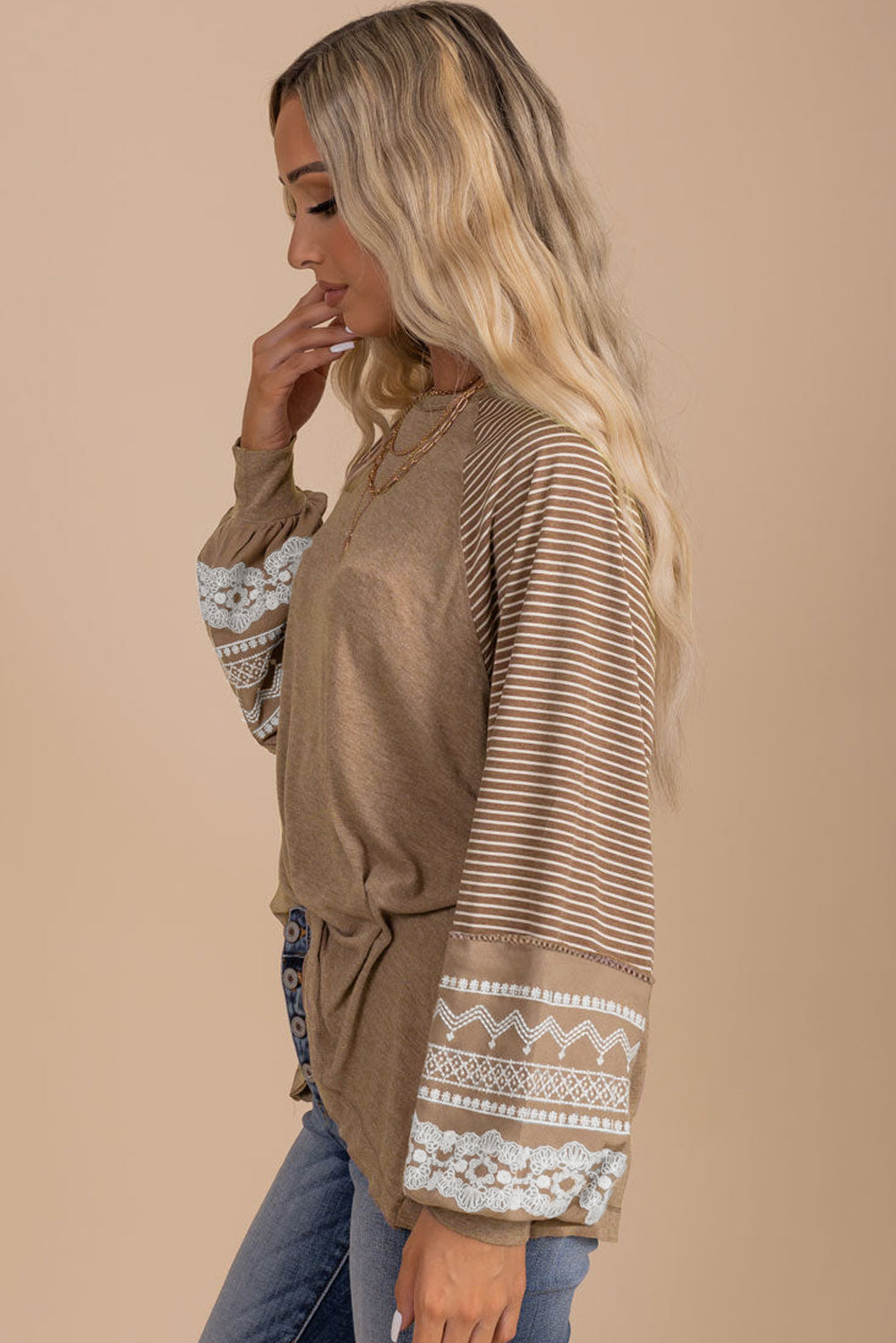 Light French Beige Floral Striped Patchwork Loose Long Sleeve Top - SELFTRITSS   