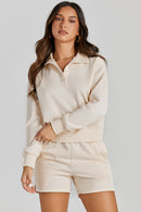 Apricot Casual High Neck Henley Top and Short Outfit - SELFTRITSS