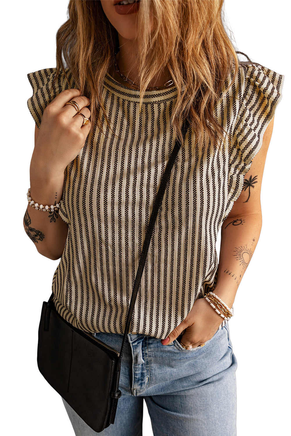 Khaki Striped Crew Neck Ruffled Tank Top - SELFTRITSS   