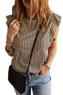 Khaki Striped Crew Neck Ruffled Tank Top - SELFTRITSS   