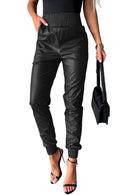 Black Smocked High-Waist Leather Skinny Pants - SELFTRITSS