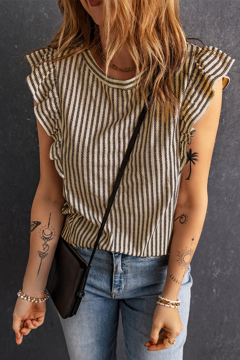 Khaki Striped Crew Neck Ruffled Tank Top - SELFTRITSS   