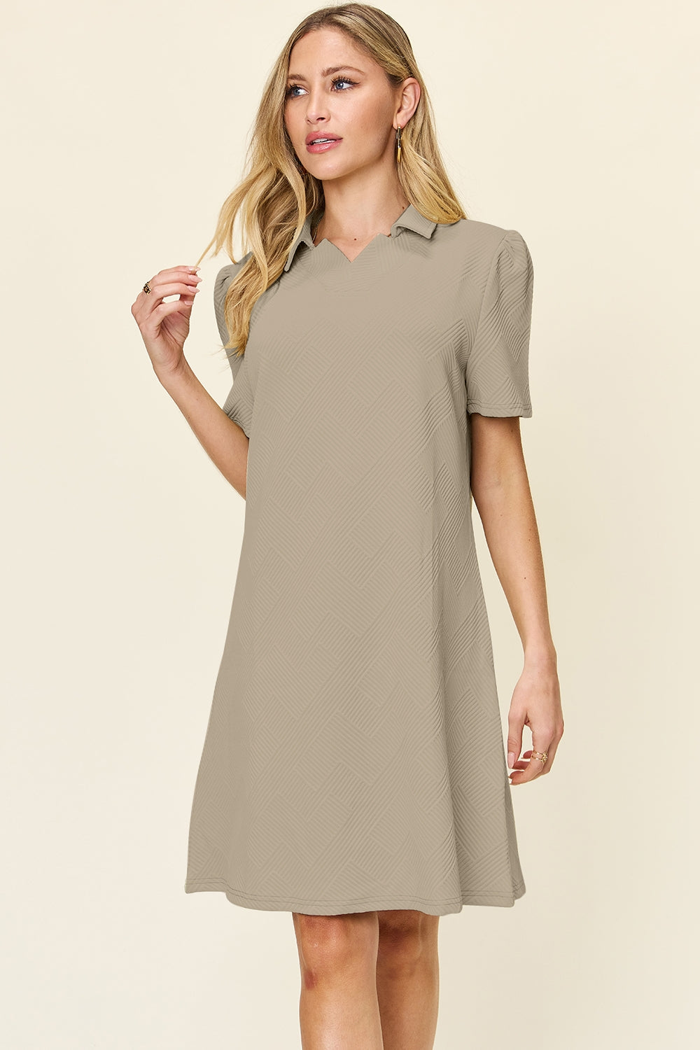 Double Take Full Size Texture Collared Neck Short Sleeve Dress - SELFTRITSS   