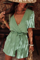 Grass Green Solid Color V Neck Wrap Waist Tie Romper - SELFTRITSS