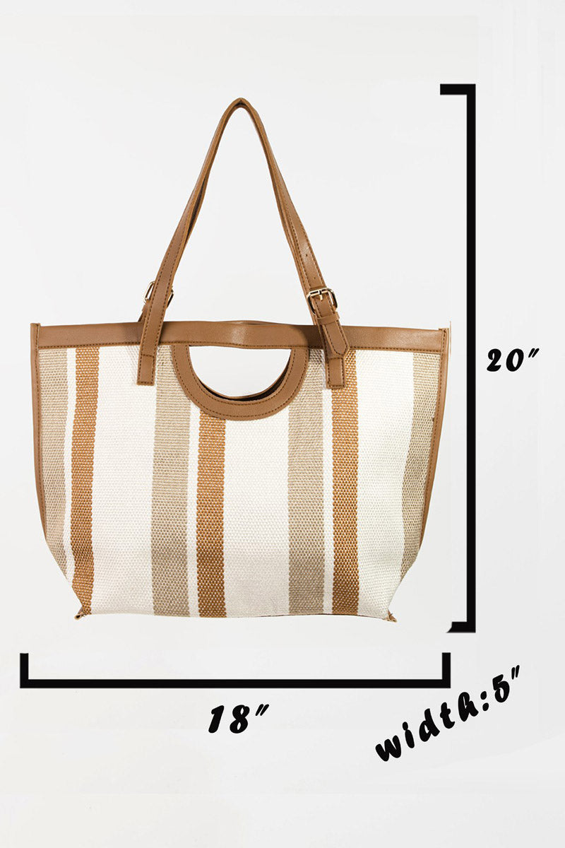 Fame Striped PU Leather Trim Tote Bag - SELFTRITSS   