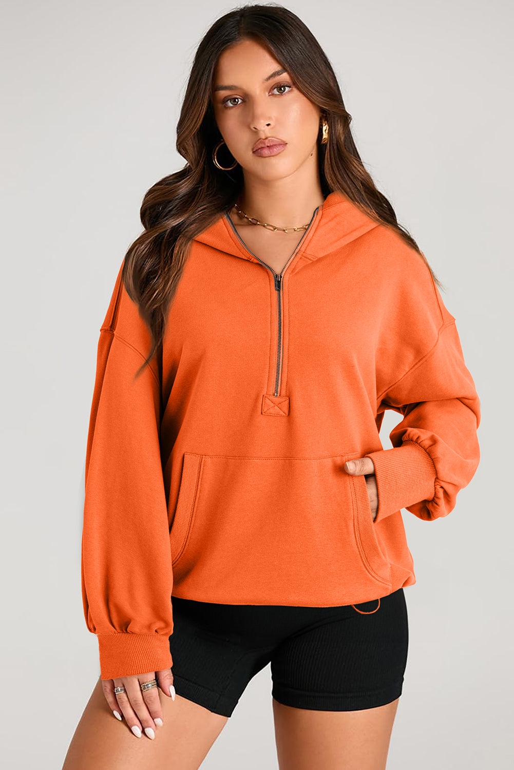 Pocketed Half Zip Long Sleeve Hoodie - SELFTRITSS   