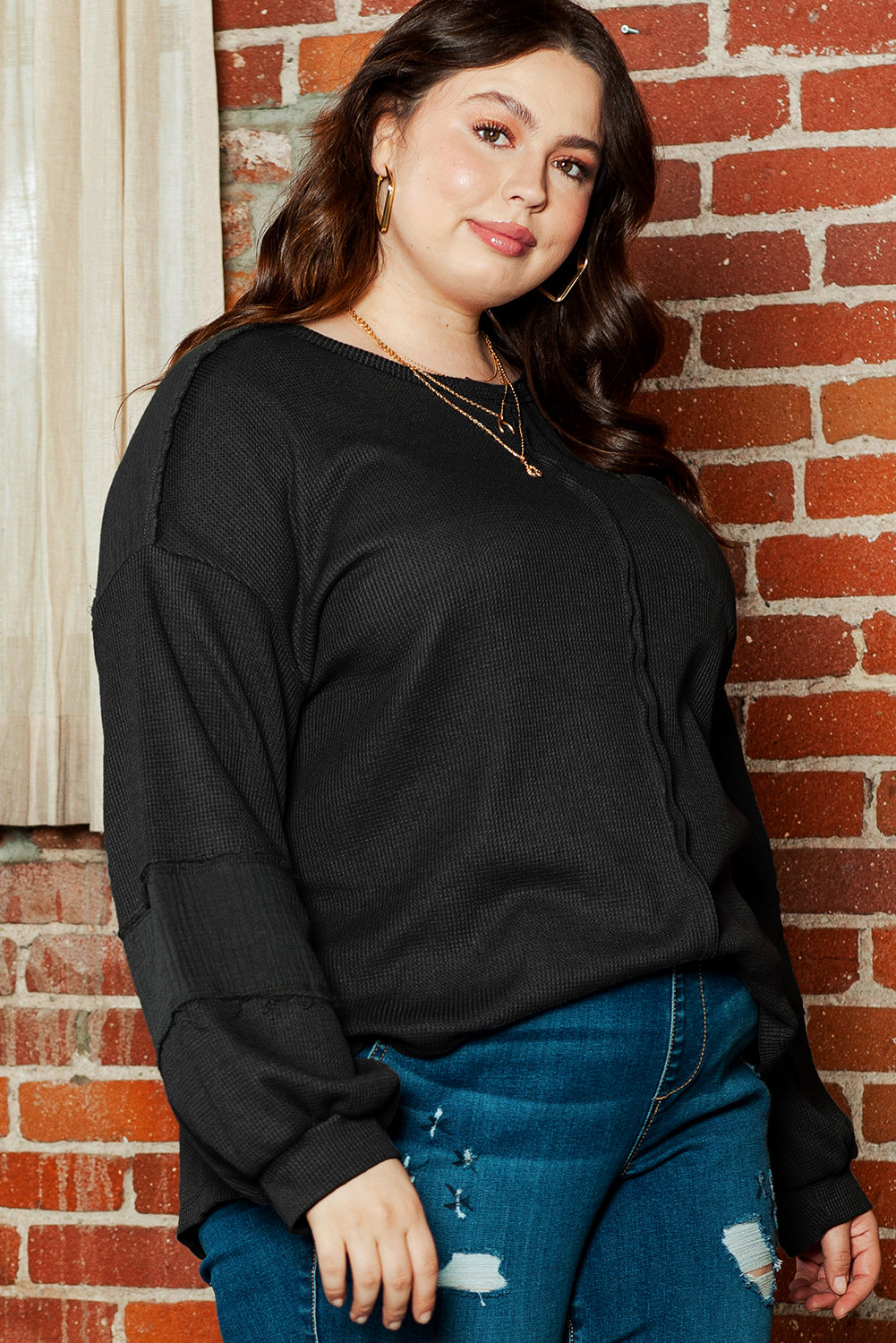 Black Plus Size Exposed Seam Crinkle Patchwork Top - SELFTRITSS   