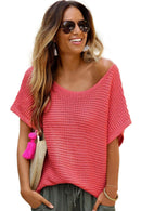 Red Clay Solid Loose Knit Short Dolman Sleeve Sweater - SELFTRITSS   