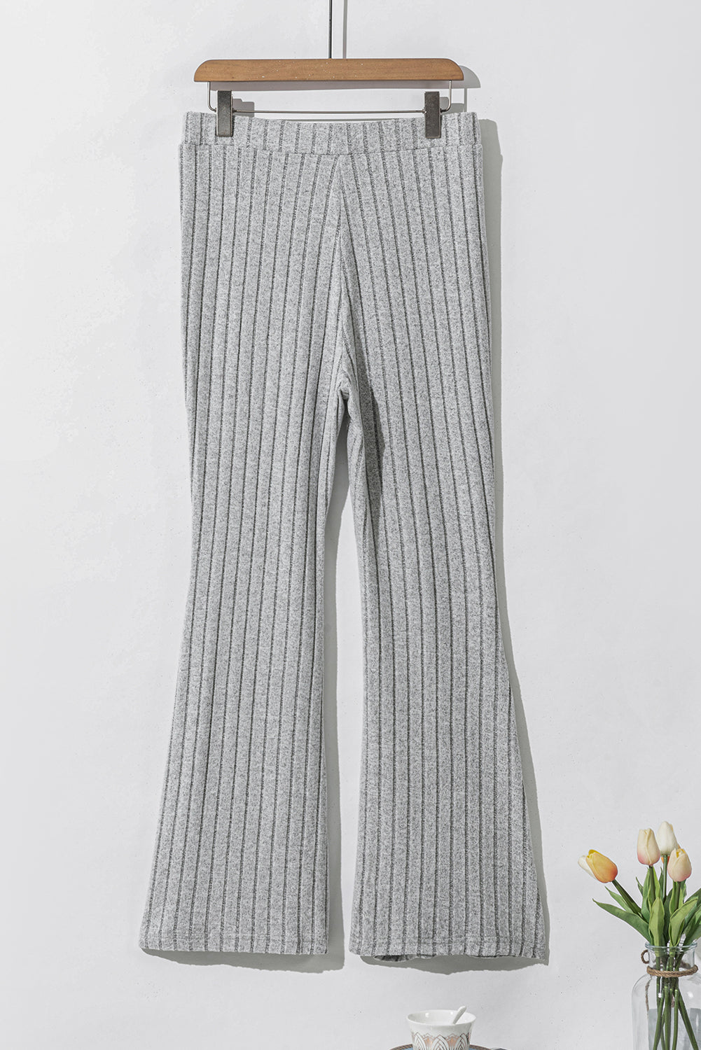 Gray Solid Color High Waist Ribbed Flare Pants - SELFTRITSS   