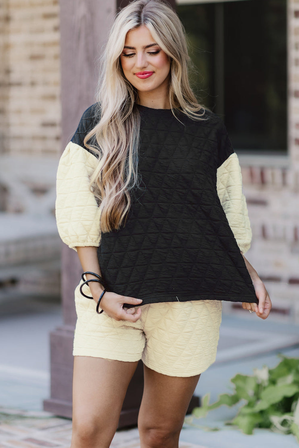 Black Color Block Quilted 3/4 Sleeve Top and Shorts Set - SELFTRITSS