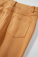 Brown Exposed Seam Flare Suede Pants with Pockets - SELFTRITSS   