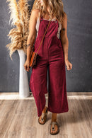 Fiery Red Solid Color Corduroy Wide Leg Bib Overalls - SELFTRITSS   