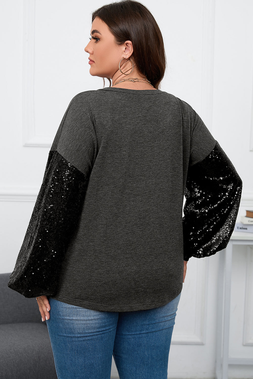 Black Plus Size Sequin Bubble Sleeve V Neck Knit Top - SELFTRITSS