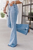 Sky Blue High Waist Buttoned Distressed Flared Jeans - SELFTRITSS