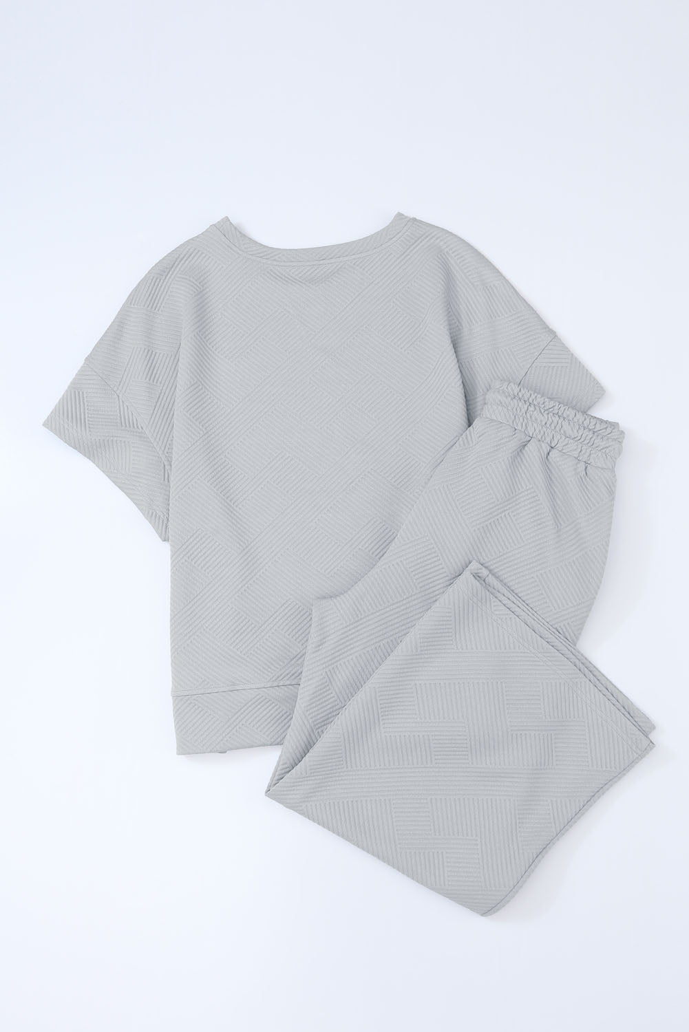 Gray Textured Loose Fit T Shirt and Drawstring Pants Set - SELFTRITSS