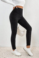 Black Wide Waistband Ribbed Textured Knit Leggings - SELFTRITSS   