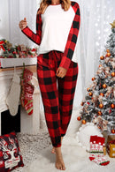 Fiery Red Plaid Raglan Sleeves Top and Drawstring Pants Lounge Set - SELFTRITSS