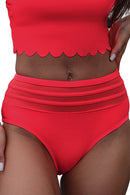 Fiery Red Mesh Striped High Waist Bikini Bottoms - SELFTRITSS