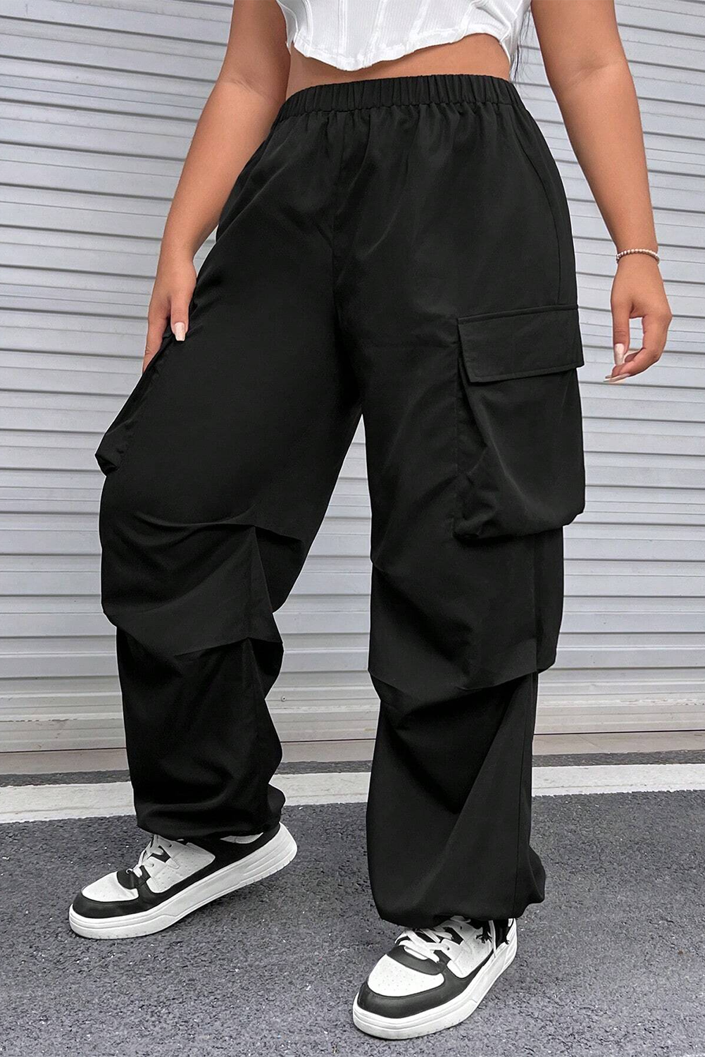 Black Plus Size Flap Pocket Elastic Waist Cargo Pants - SELFTRITSS