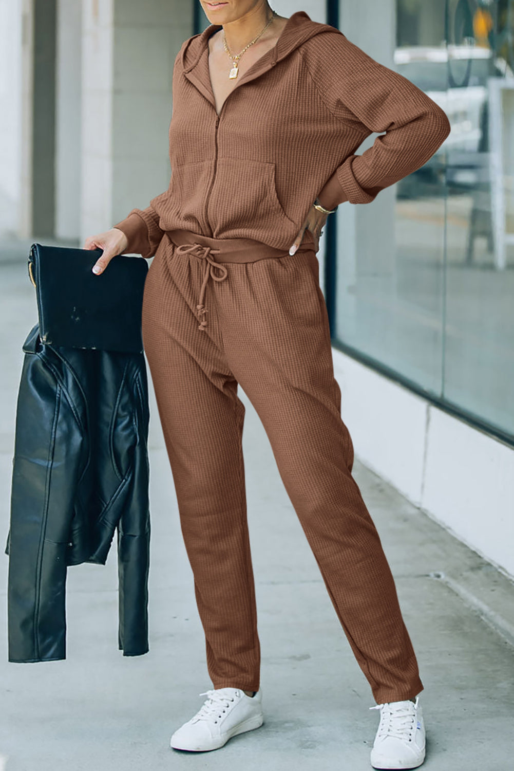 Brown Waffle Knit Zip-Up Hoodie and Pants Athleisure Outfit - SELFTRITSS