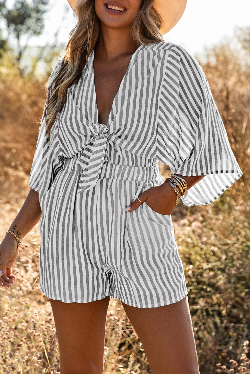 Gray 3/4 Wide Kimono Sleeves Tie Front Striped Romper with Pockets - SELFTRITSS   