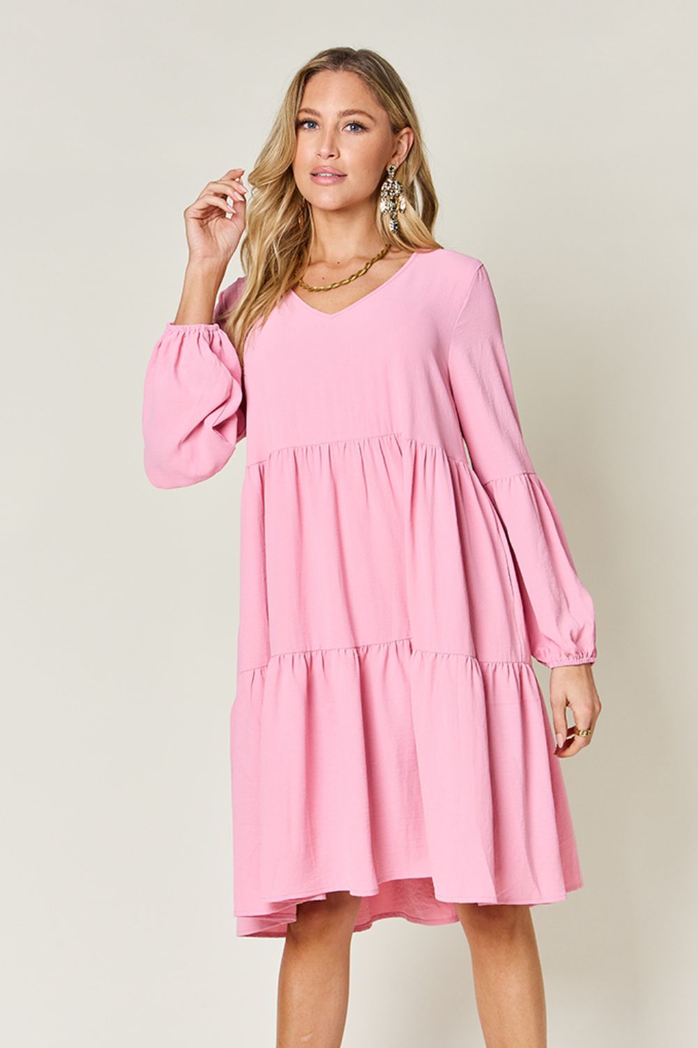 Double Take Full Size V-Neck Balloon Sleeve Tiered Dress - SELFTRITSS