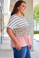 Striped Leopard Color Block Plus Size T-Shirt - SELFTRITSS   