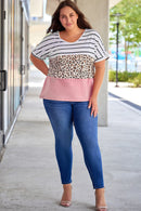 Striped Leopard Color Block Plus Size T-Shirt - SELFTRITSS   