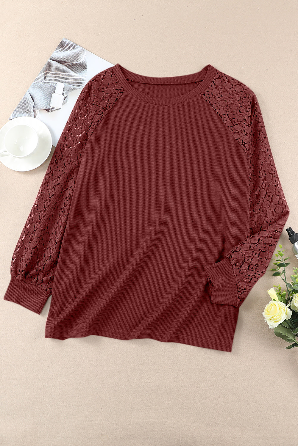 Red Plus Size Contrast Lace Sleeve Waffle Knit Top - SELFTRITSS