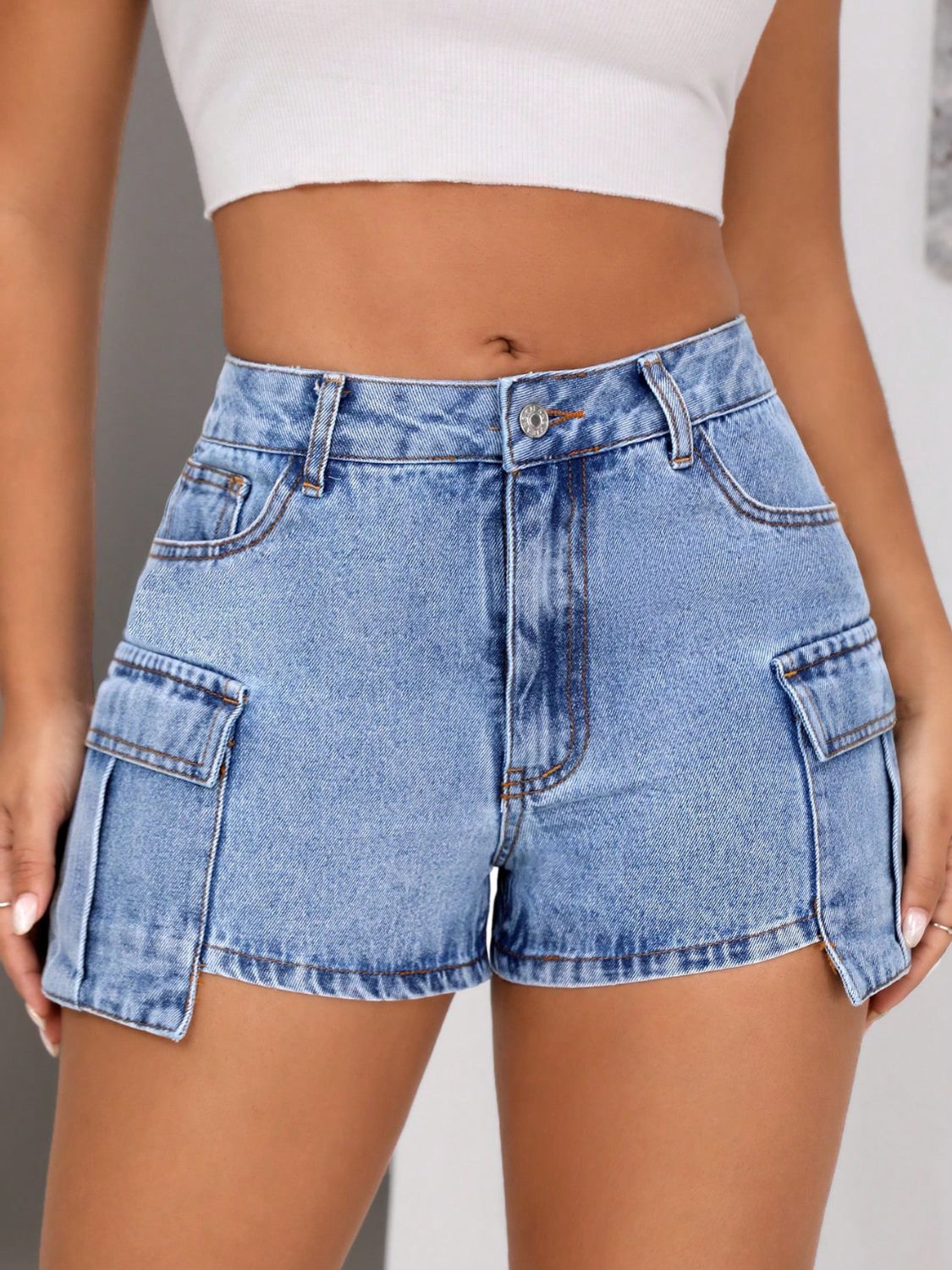 Mid-Rise Waist Denim Shorts with Pockets - SELFTRITSS   