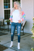 White Sequin Color Block Raglan Sleeve Pullover Sweatshirt - SELFTRITSS